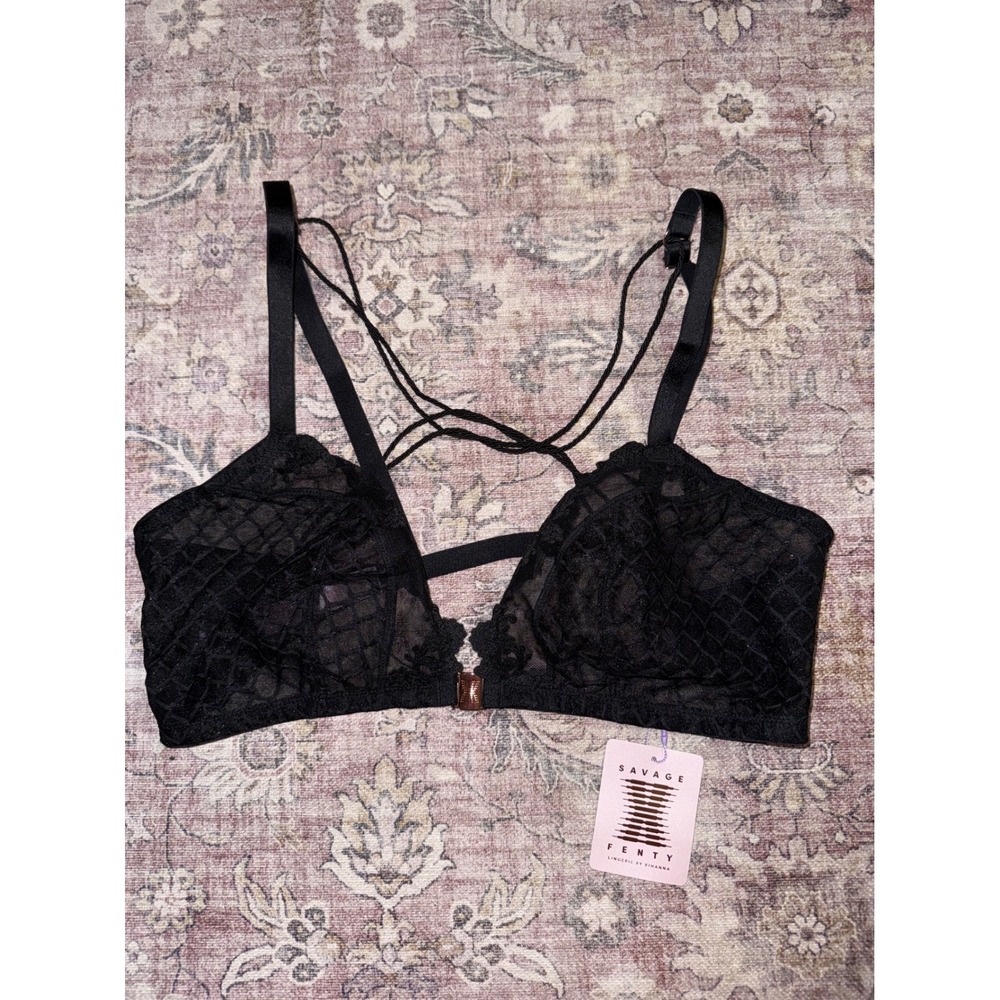 Savage X Fenty Black Lace Front Clasp Strappy Bralette Rose Gold Hardware 3X NWT